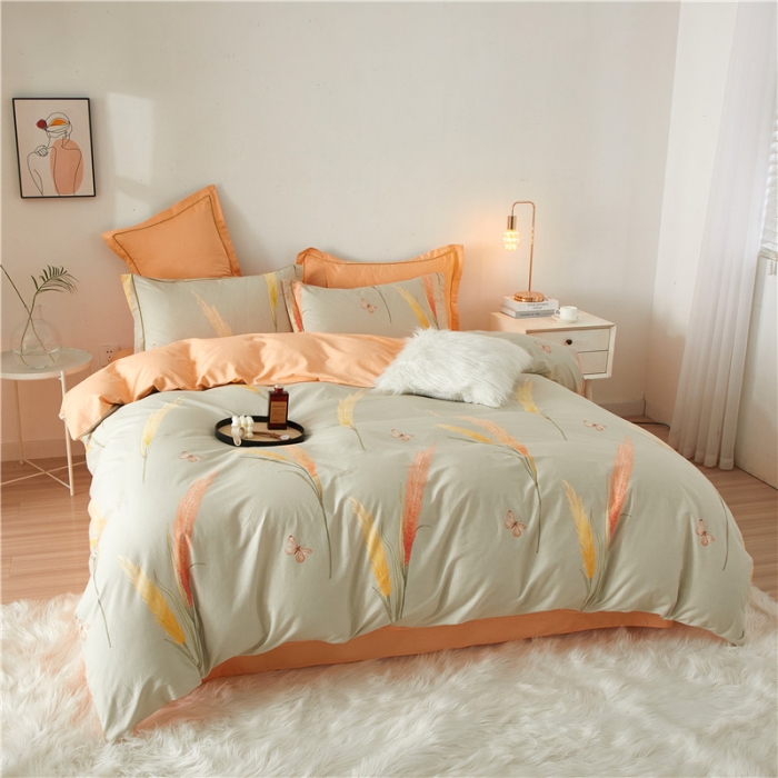 91家纺网 家纺一手货源 找家纺 沐白 2023全棉13376花卉条格系列印花四件套 摇曳生姿-灰