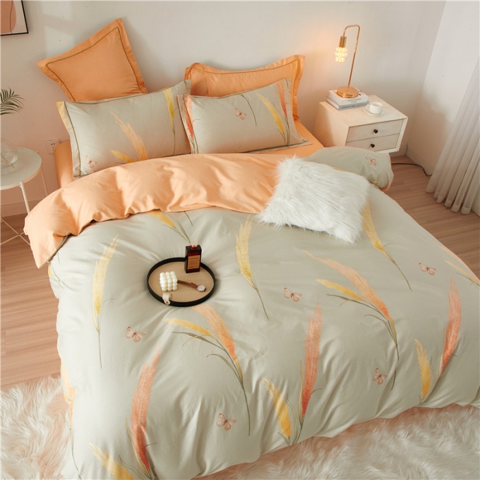 91家纺网 家纺一手货源 找家纺 沐白 2023全棉13376花卉条格系列印花四件套 摇曳生姿-灰