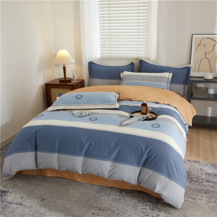 91家纺网 家纺一手货源 找家纺 沐白 2023全棉13376花卉条格系列印花四件套 记忆-兰