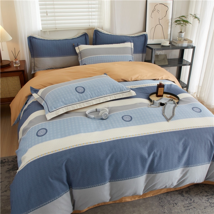 91家纺网 家纺一手货源 找家纺 沐白 2023全棉13376花卉条格系列印花四件套 记忆-兰