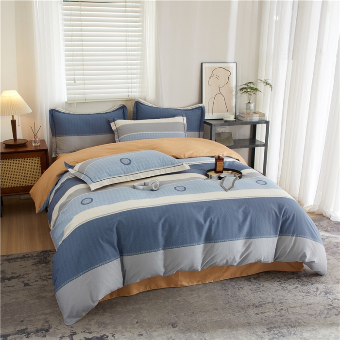 91家纺网 家纺一手货源 找家纺 沐白 2023全棉13376花卉条格系列印花四件套 记忆-兰