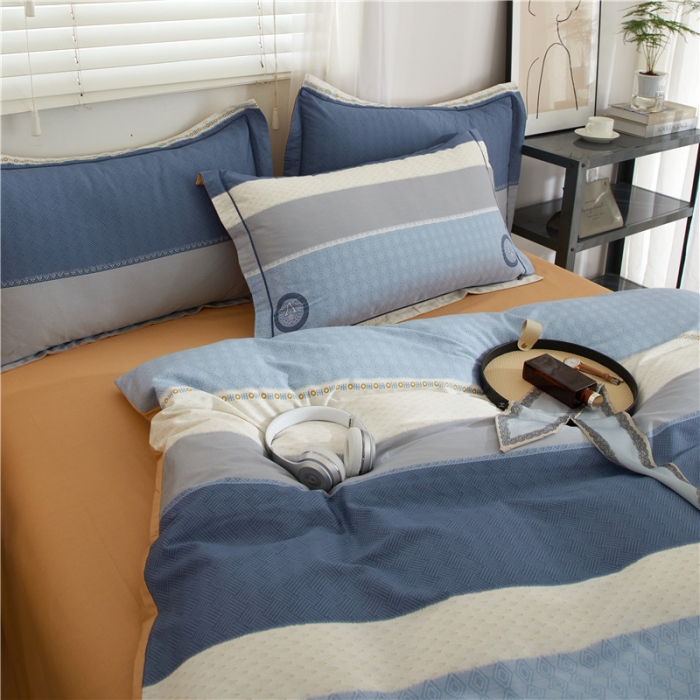 91家纺网 家纺一手货源 找家纺 沐白 2023全棉13376花卉条格系列印花四件套 记忆-兰