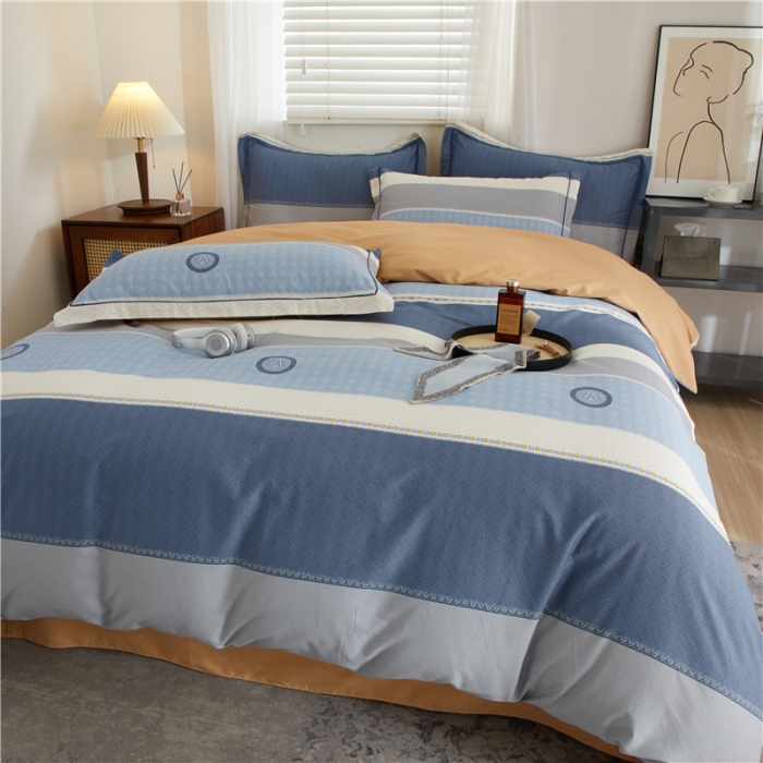 91家纺网 家纺一手货源 找家纺 沐白 2023全棉13376花卉条格系列印花四件套 记忆-兰