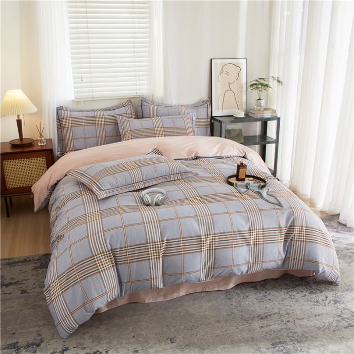 91家纺网 家纺一手货源 找家纺 沐白 2023全棉13376花卉条格系列印花四件套 米拉-灰