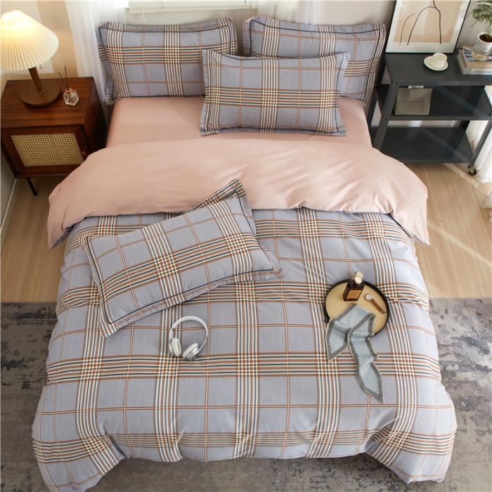 91家纺网 家纺一手货源 找家纺 沐白 2023全棉13376花卉条格系列印花四件套 米拉-灰