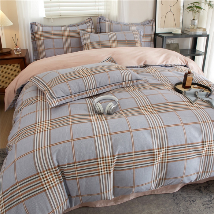 91家纺网 家纺一手货源 找家纺 沐白 2023全棉13376花卉条格系列印花四件套 米拉-灰