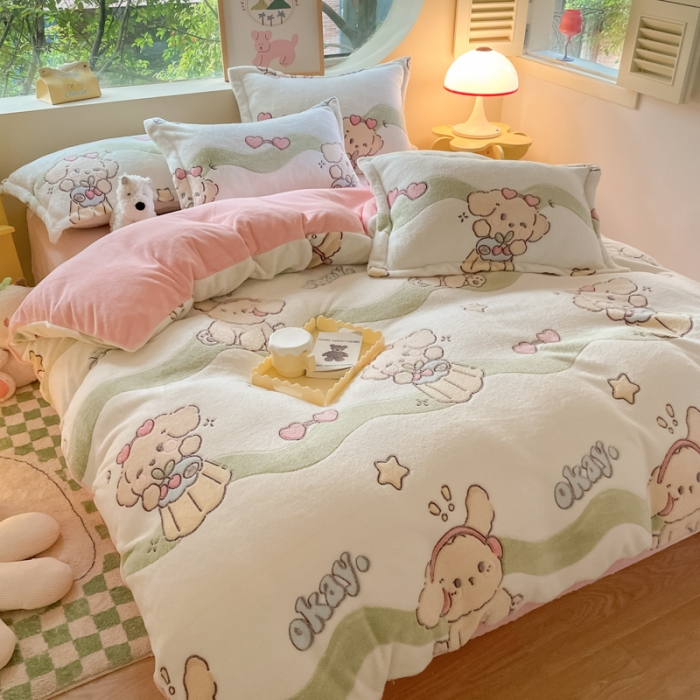 91家纺网 家纺一手货源 找家纺 慕尚 2025新款5D雪花绒四件套系列 爱心狗