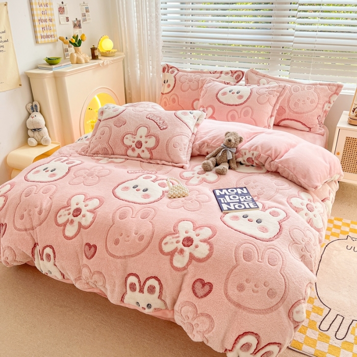 91家纺网 家纺一手货源 找家纺 慕尚 2025新款5D雪花绒四件套系列 花花小兔