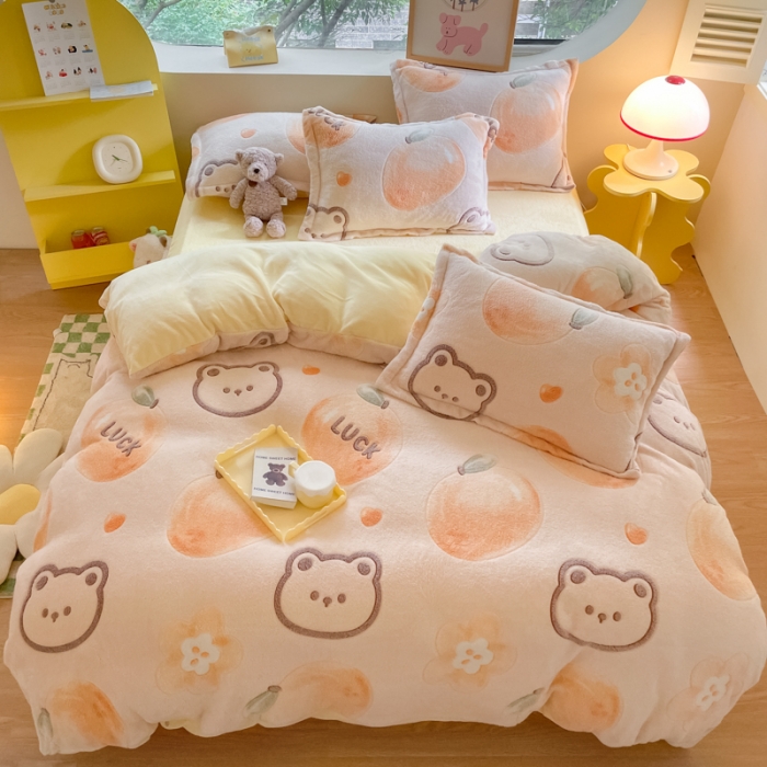 91家纺网 家纺一手货源 找家纺 慕尚 2025新款5D雪花绒四件套系列 桔子熊