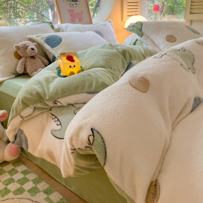 91家纺网 家纺一手货源 找家纺 慕尚 2025新款5D雪花绒四件套系列 恐龙之恋