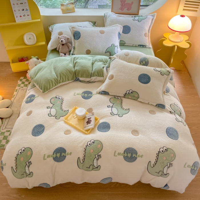 91家纺网 家纺一手货源 找家纺 慕尚 2025新款5D雪花绒四件套系列 恐龙之恋