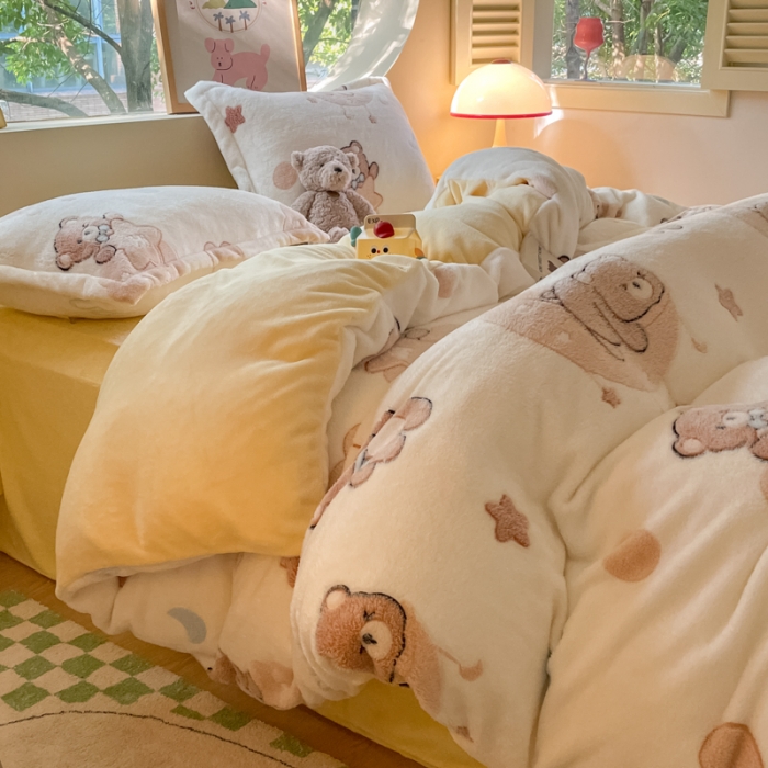 91家纺网 家纺一手货源 找家纺 慕尚 2025新款5D雪花绒四件套系列 星空熊