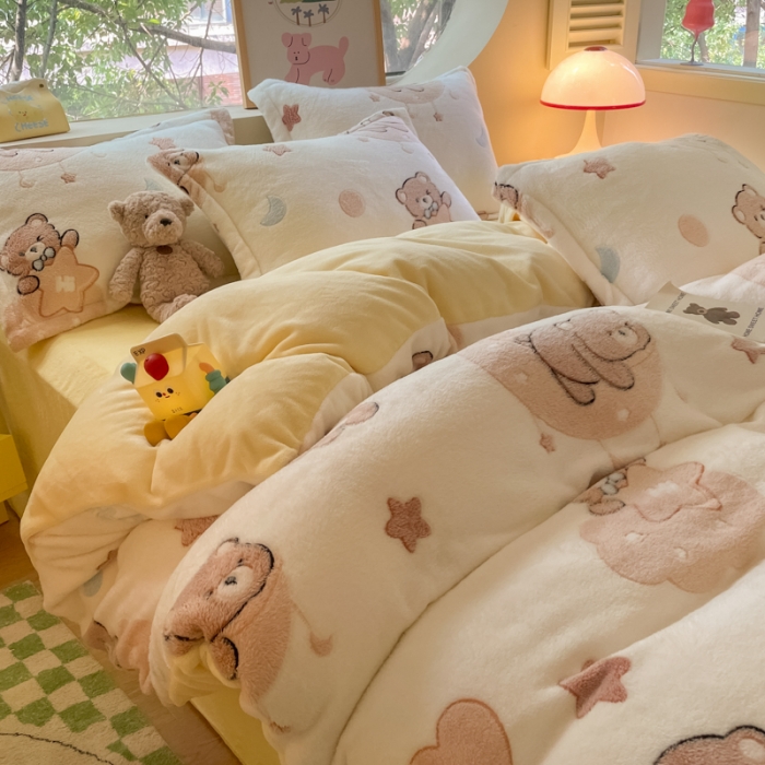 91家纺网 家纺一手货源 找家纺 慕尚 2025新款5D雪花绒四件套系列 星空熊