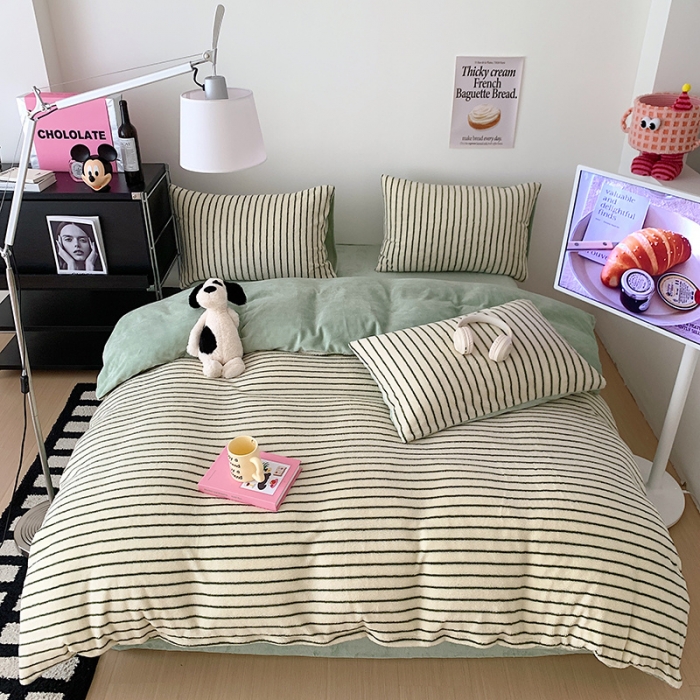 91家纺网 家纺一手货源 找家纺 桃子家居 2023新款A类舒棉绒牛奶绒暖绒简约ins甜心加厚四件套 舒棉绒-贝拉绿