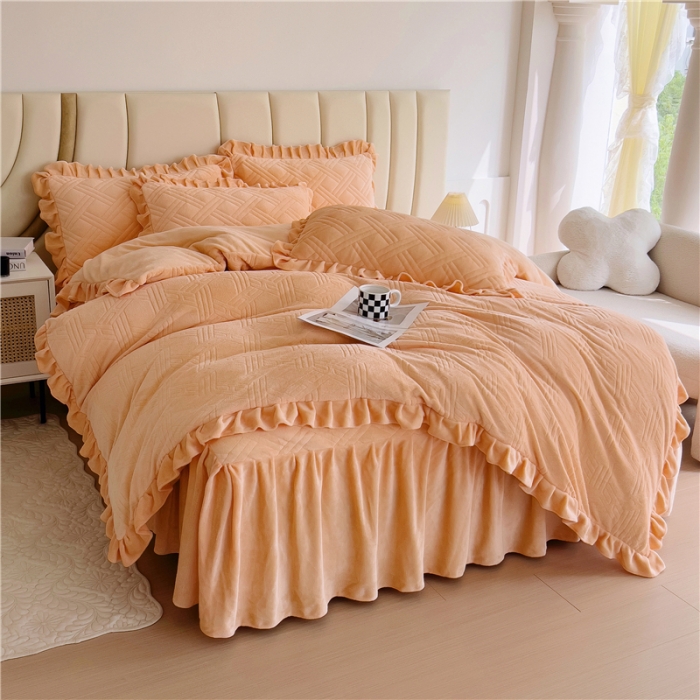 91家纺网 家纺一手货源 找家纺 十个点家纺 2024新款牛奶绒床裙四件套-欣雅 欣雅金驼色