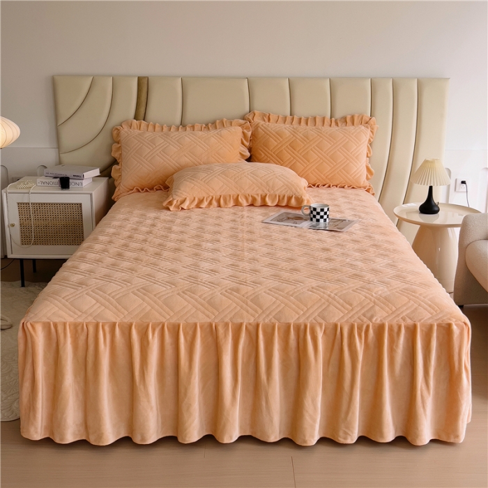 91家纺网 家纺一手货源 找家纺 十个点家纺 2024新款牛奶绒床裙四件套-欣雅 欣雅金驼色