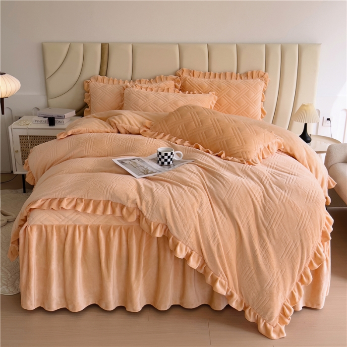 91家纺网 家纺一手货源 找家纺 十个点家纺 2024新款牛奶绒床裙四件套-欣雅 欣雅金驼色