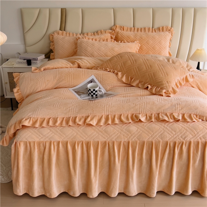 91家纺网 家纺一手货源 找家纺 十个点家纺 2024新款牛奶绒床裙四件套-欣雅 欣雅金驼色