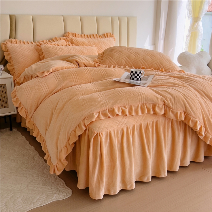 91家纺网 家纺一手货源 找家纺 十个点家纺 2024新款牛奶绒床裙四件套-欣雅 欣雅金驼色