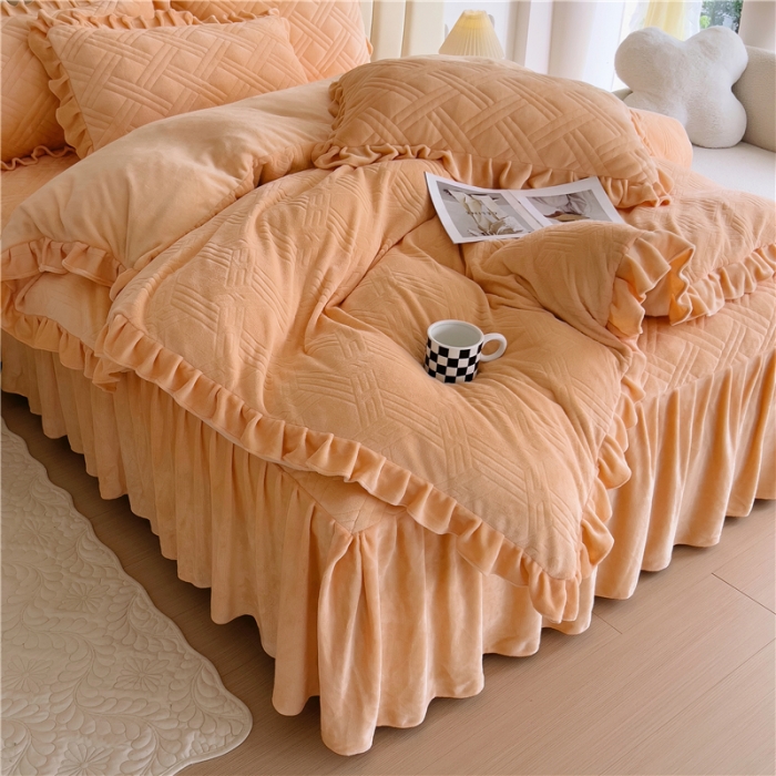 91家纺网 家纺一手货源 找家纺 十个点家纺 2024新款牛奶绒床裙四件套-欣雅 欣雅金驼色