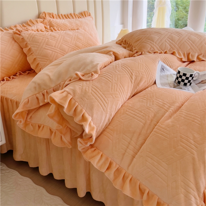 91家纺网 家纺一手货源 找家纺 十个点家纺 2024新款牛奶绒床裙四件套-欣雅 欣雅金驼色