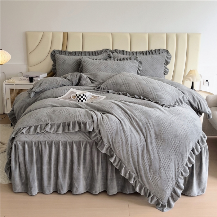 91家纺网 家纺一手货源 找家纺 十个点家纺 2024新款牛奶绒床裙四件套-欣雅 欣雅奶油灰