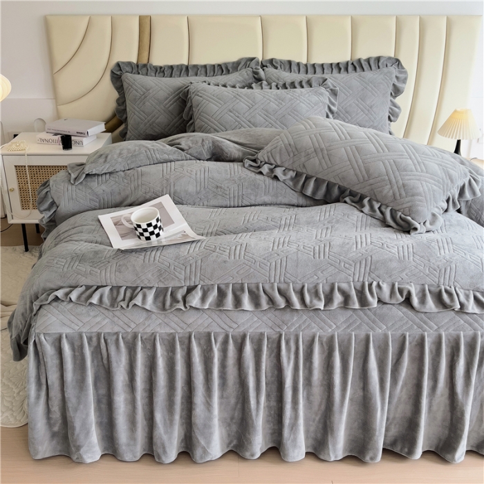 91家纺网 家纺一手货源 找家纺 十个点家纺 2024新款牛奶绒床裙四件套-欣雅 欣雅奶油灰