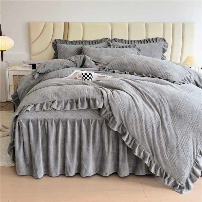 91家纺网 家纺一手货源 找家纺 十个点家纺 2024新款牛奶绒床裙四件套-欣雅 欣雅奶油灰