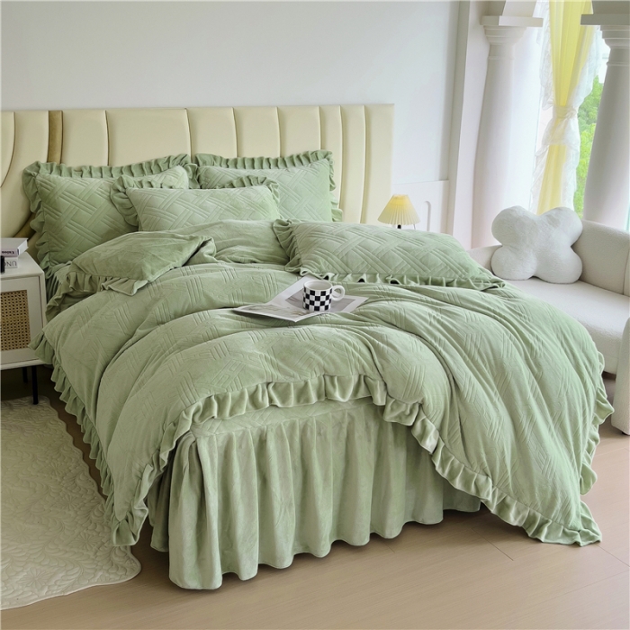91家纺网 家纺一手货源 找家纺 十个点家纺 2024新款牛奶绒床裙四件套-欣雅 欣雅奶油绿