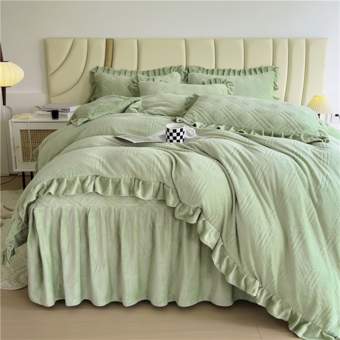 91家纺网 家纺一手货源 找家纺 十个点家纺 2024新款牛奶绒床裙四件套-欣雅 欣雅奶油绿