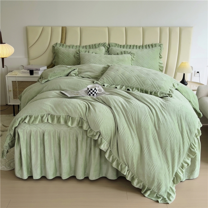 91家纺网 家纺一手货源 找家纺 十个点家纺 2024新款牛奶绒床裙四件套-欣雅 欣雅奶油绿