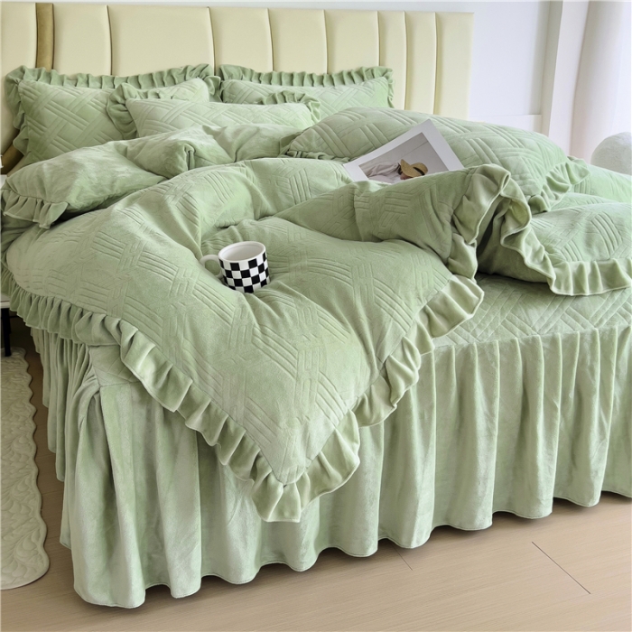 91家纺网 家纺一手货源 找家纺 十个点家纺 2024新款牛奶绒床裙四件套-欣雅 欣雅奶油绿