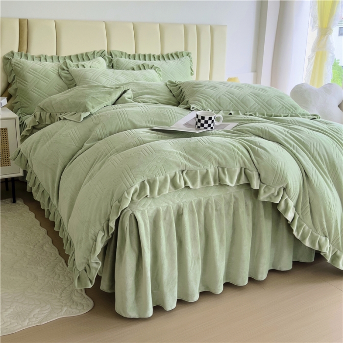 91家纺网 家纺一手货源 找家纺 十个点家纺 2024新款牛奶绒床裙四件套-欣雅 欣雅奶油绿