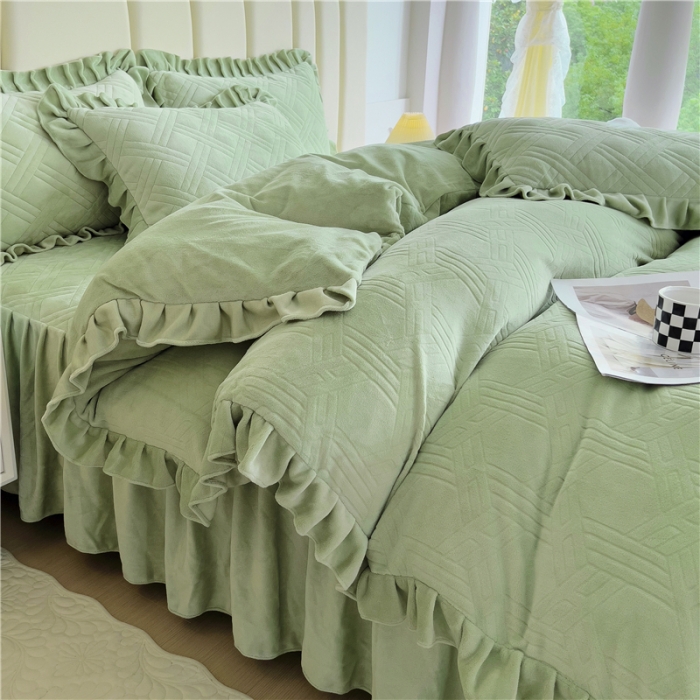 91家纺网 家纺一手货源 找家纺 十个点家纺 2024新款牛奶绒床裙四件套-欣雅 欣雅奶油绿