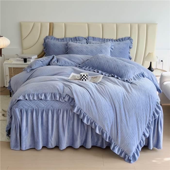 91家纺网 家纺一手货源 找家纺 十个点家纺 2024新款牛奶绒床裙四件套-欣雅 欣雅浅宝蓝