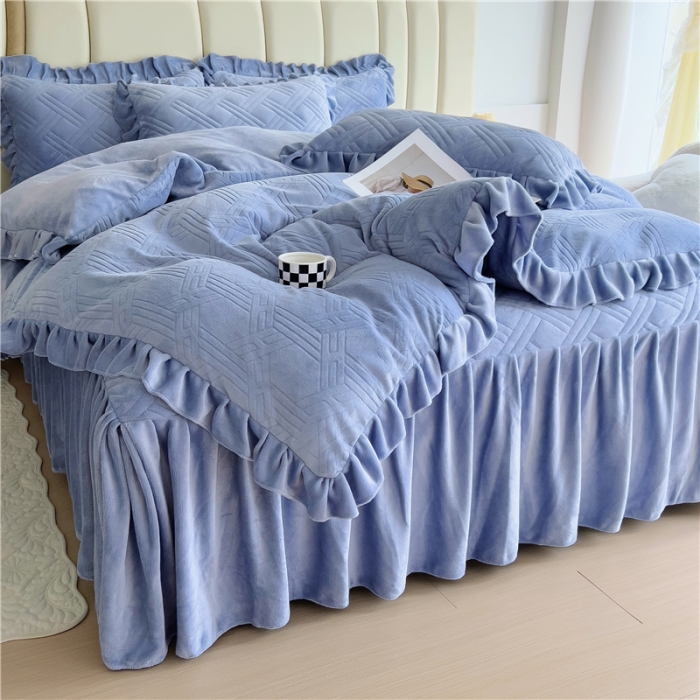 91家纺网 家纺一手货源 找家纺 十个点家纺 2024新款牛奶绒床裙四件套-欣雅 欣雅浅宝蓝
