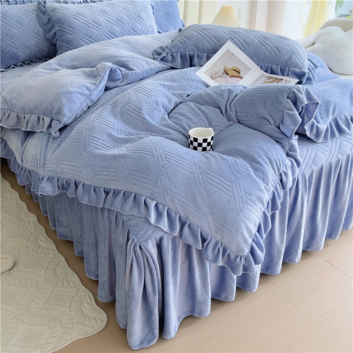 91家纺网 家纺一手货源 找家纺 十个点家纺 2024新款牛奶绒床裙四件套-欣雅 欣雅浅宝蓝