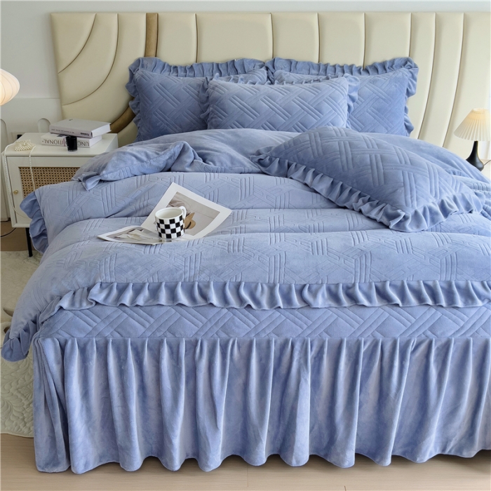 91家纺网 家纺一手货源 找家纺 十个点家纺 2024新款牛奶绒床裙四件套-欣雅 欣雅浅宝蓝