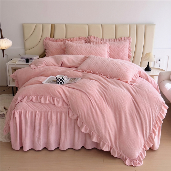 91家纺网 家纺一手货源 找家纺 十个点家纺 2024新款牛奶绒床裙四件套-欣雅 欣雅胭脂粉