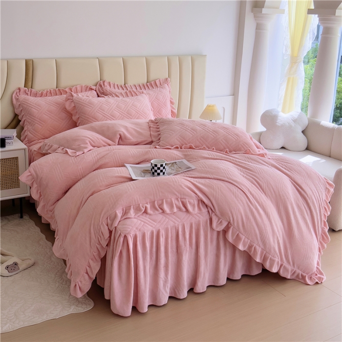 91家纺网 家纺一手货源 找家纺 十个点家纺 2024新款牛奶绒床裙四件套-欣雅 欣雅胭脂粉