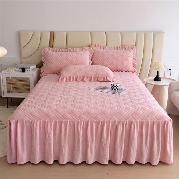 91家纺网 家纺一手货源 找家纺 十个点家纺 2024新款牛奶绒床裙四件套-欣雅 欣雅胭脂粉