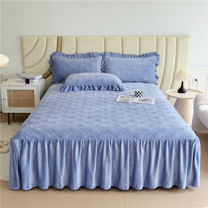 91家纺网 家纺一手货源 找家纺 十个点家纺 2024新款牛奶绒单床裙-欣雅 浅宝蓝