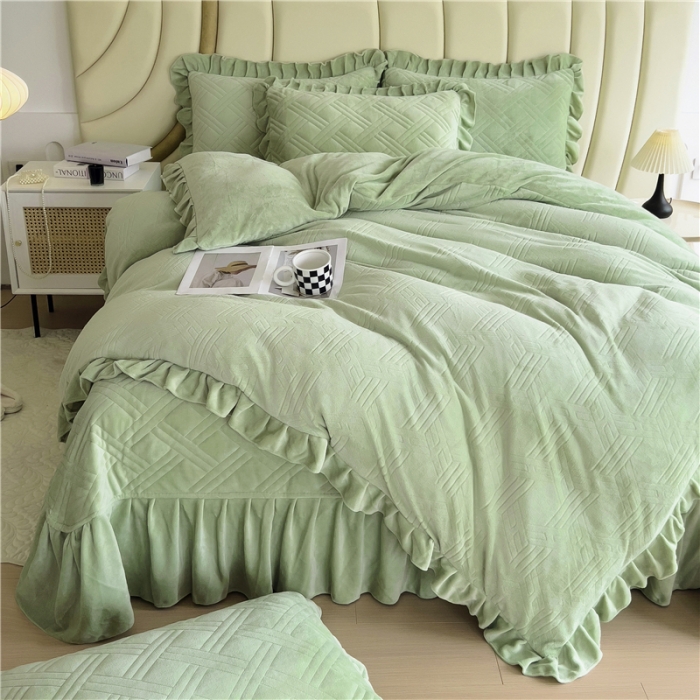 91家纺网 家纺一手货源 找家纺 十个点家纺 2024新款牛奶绒欣雅床盖四件套 欣雅-奶油绿