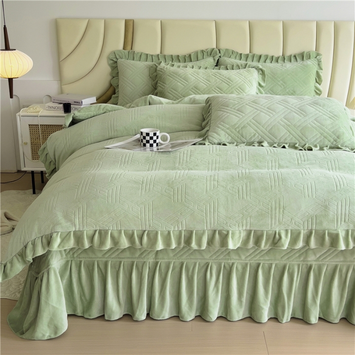 91家纺网 家纺一手货源 找家纺 十个点家纺 2024新款牛奶绒欣雅床盖四件套 欣雅-奶油绿