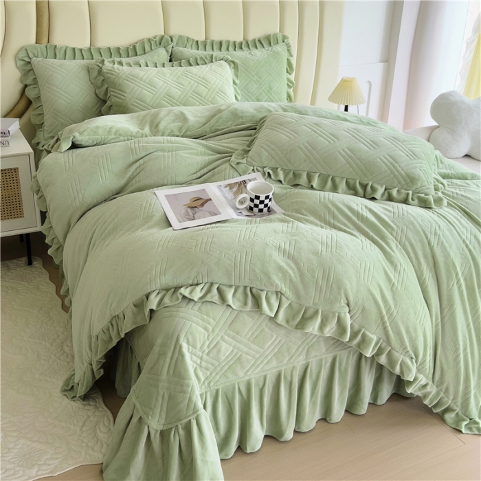 91家纺网 家纺一手货源 找家纺 十个点家纺 2024新款牛奶绒欣雅床盖四件套 欣雅-奶油绿