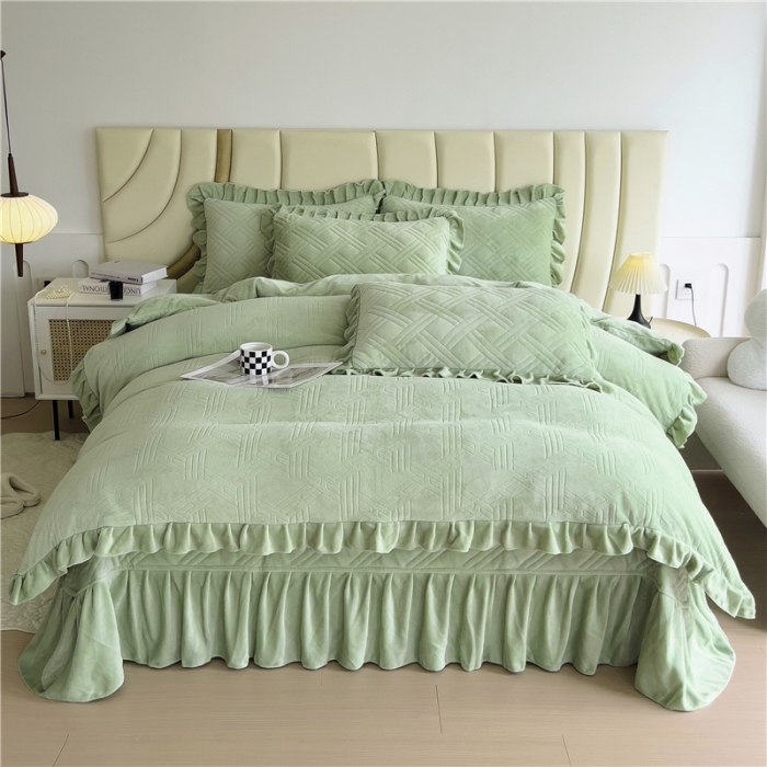 91家纺网 家纺一手货源 找家纺 十个点家纺 2024新款牛奶绒欣雅床盖四件套 欣雅-奶油绿