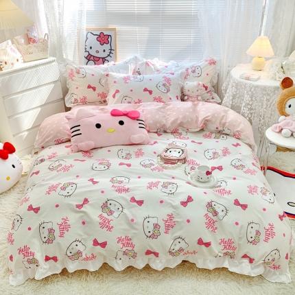 91家纺网 家纺一手货源 找家纺 朵希曼 2026新款全棉花边Kitty系列四件套 花边款-雏菊凯蒂