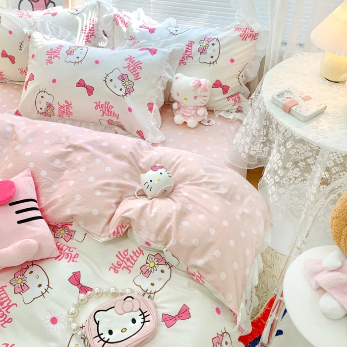 91家纺网 家纺一手货源 找家纺 朵希曼 2026新款全棉花边Kitty系列四件套 花边款-雏菊凯蒂