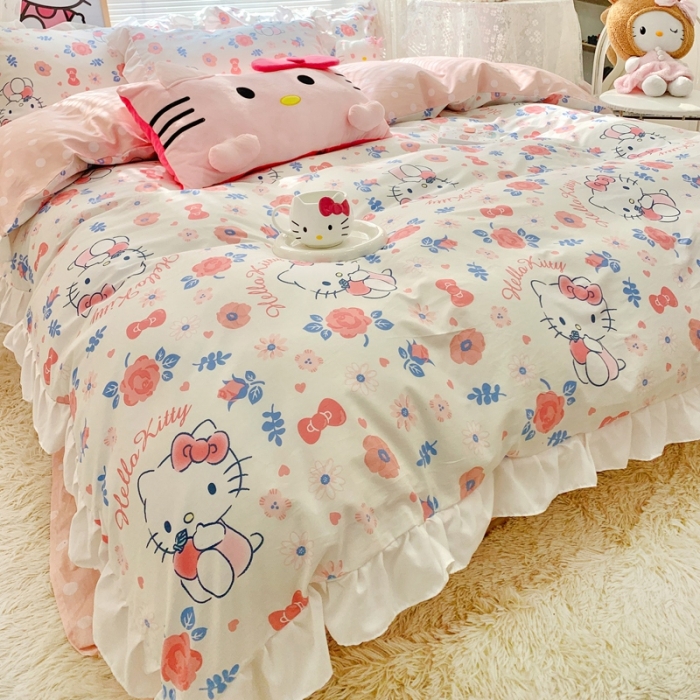 91家纺网 家纺一手货源 找家纺 朵希曼 2026新款全棉花边Kitty系列四件套 花边款-花花凯蒂