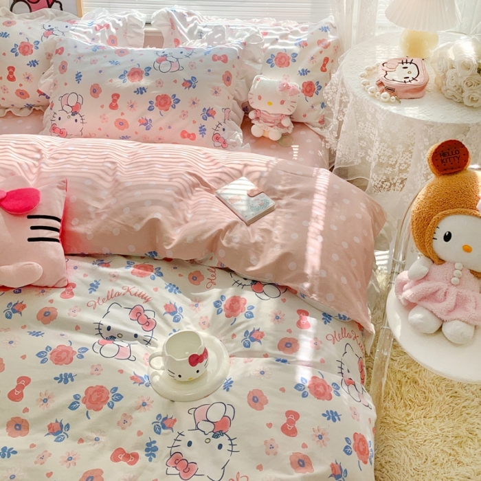 91家纺网 家纺一手货源 找家纺 朵希曼 2026新款全棉花边Kitty系列四件套 花边款-花花凯蒂